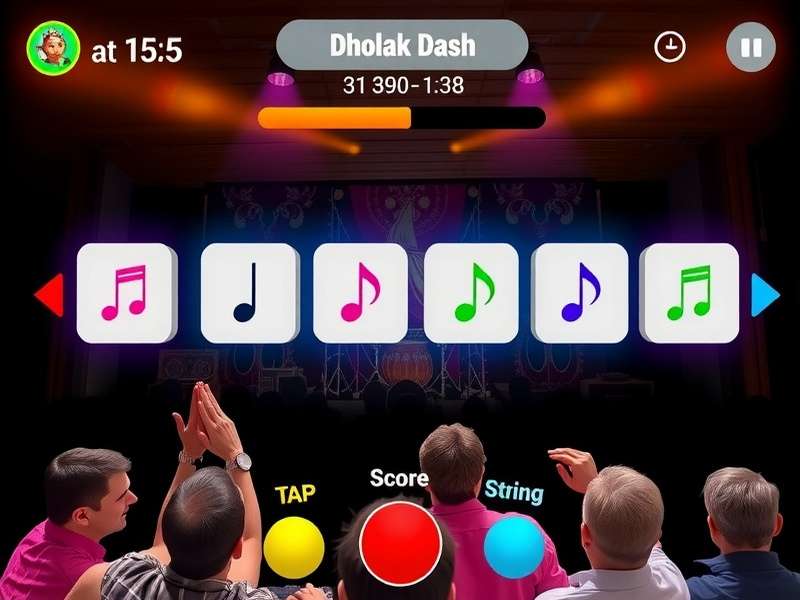 Dholak Dash interface showing different note types and scoring system